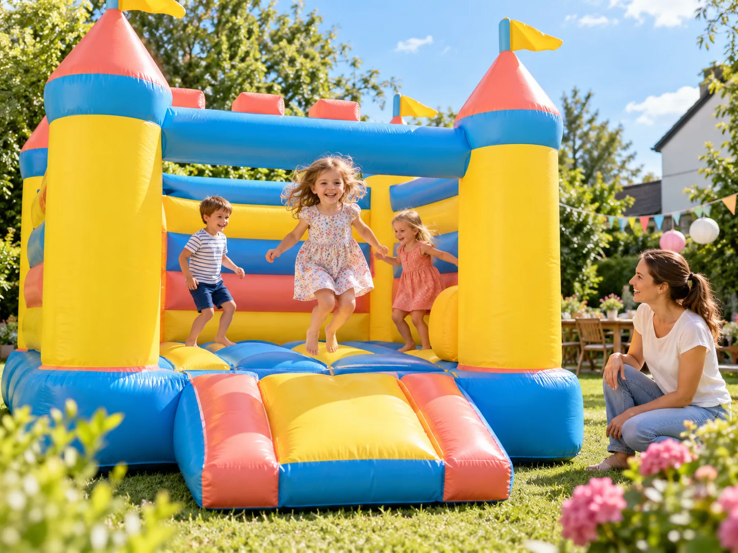 Kinder spielen auf einer bunten Hüpfburg